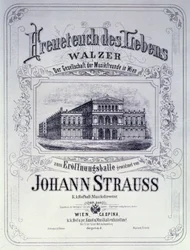 Plakat reklamujący Freueteuch des Lebens, walc Johanna Straussa Młodszego, który zostanie przedstawiony na balu inauguracyjnym, 1870